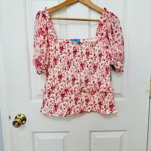 CECE FLORAL SMOCKED SHEER SLEEVE RUFFLE SQUARE NECK BARBIECORE BLOUSE